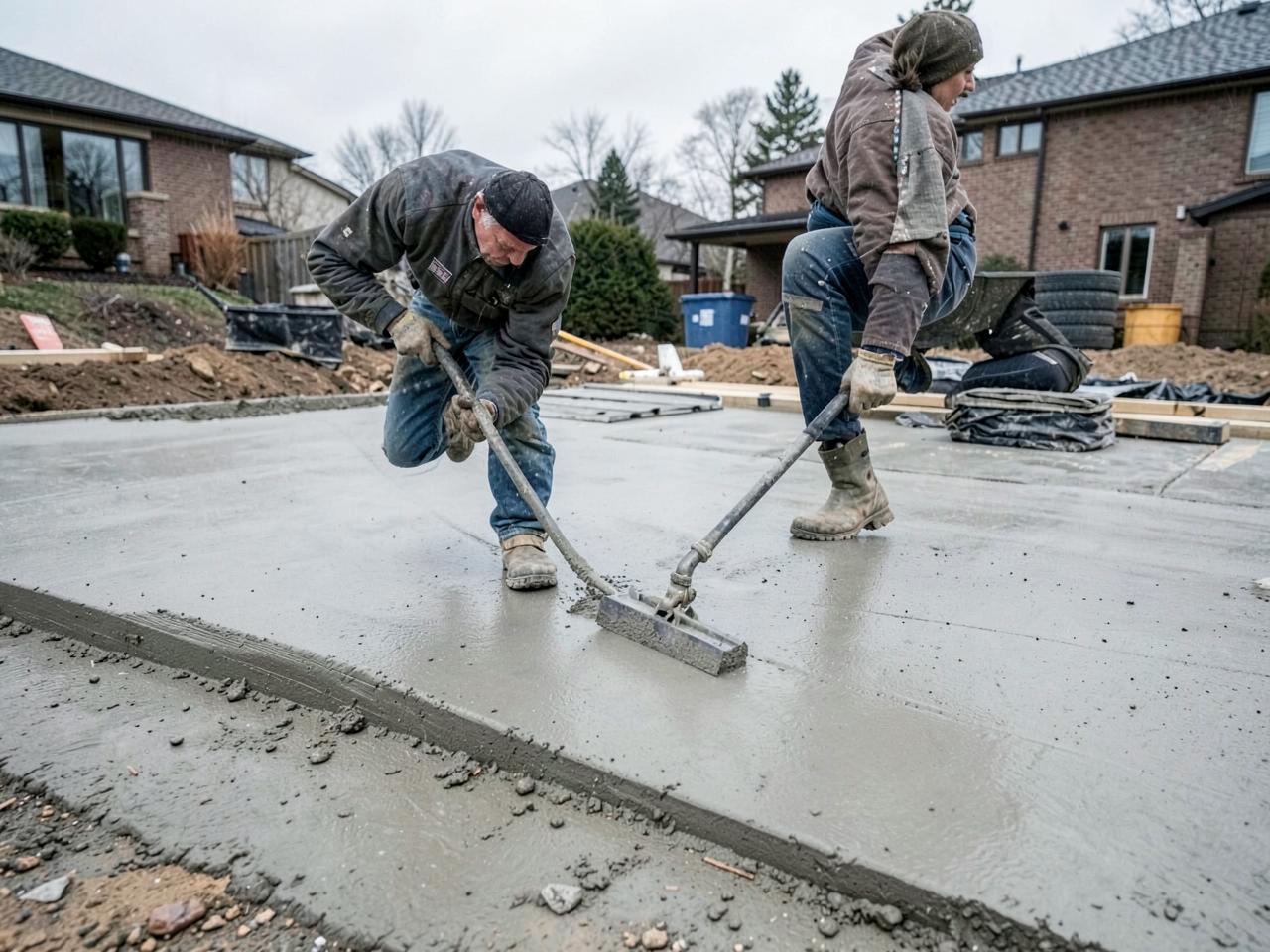 Crew finishing a fresh concrete slab