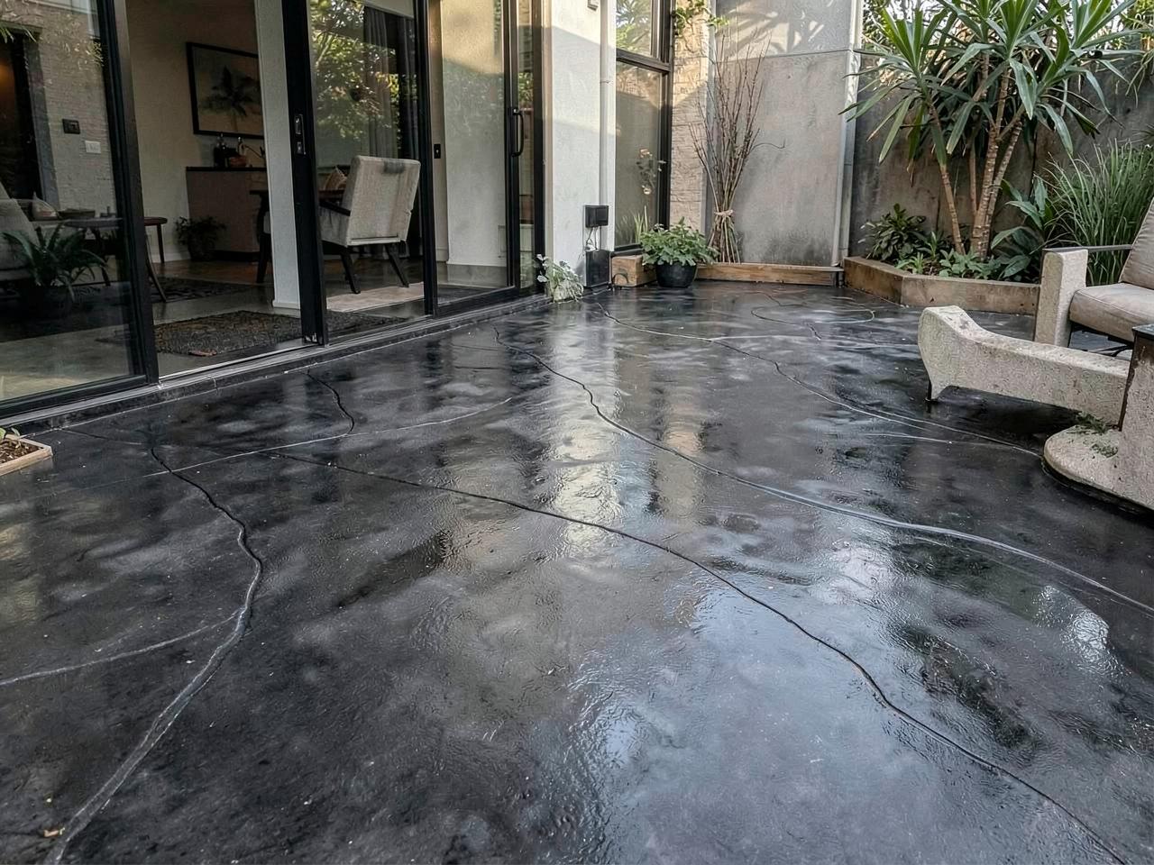 Dark stained decorative concrete surface